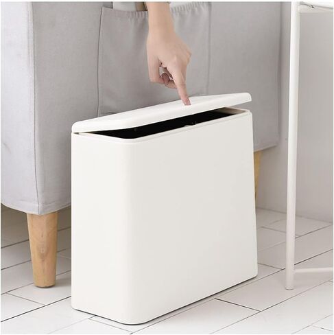 Modern Wastebasket Thin Trash Can,Small Rectangular Dog Proof Plastic Trash Bin,3.2 Gallon/12 Liter Slim Plastic Trash Can Wastebasket with Press Type Lid, White in Saudi Arabia