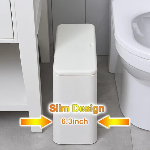 Modern Wastebasket Thin Trash Can,Small Rectangular Dog Proof Plastic Trash Bin,3.2 Gallon/12 Liter Slim Plastic Trash Can Wastebasket with Press Type Lid, White in Saudi Arabia