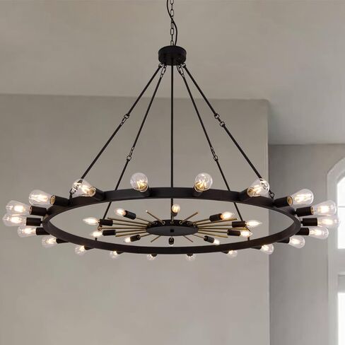 Wellmet 54inch Large Black&Gold Wagon Wheel Chandelier, 2-Tier 30-Light Farmhouse Chandelier Lighting Fixture for Living Room, Entryway, Hallway, Dining Room, Bar, Cafe in Saudi Arabia
