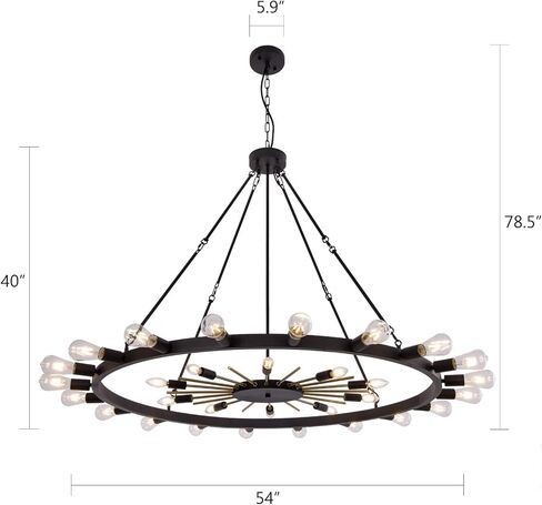 Wellmet 54inch Large Black&Gold Wagon Wheel Chandelier, 2-Tier 30-Light Farmhouse Chandelier Lighting Fixture for Living Room, Entryway, Hallway, Dining Room, Bar, Cafe in Saudi Arabia
