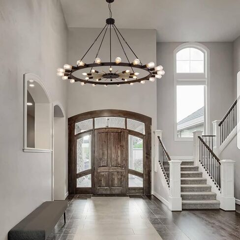 Wellmet 54inch Large Black&Gold Wagon Wheel Chandelier, 2-Tier 30-Light Farmhouse Chandelier Lighting Fixture for Living Room, Entryway, Hallway, Dining Room, Bar, Cafe in Saudi Arabia