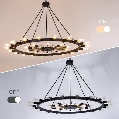 Wellmet 54inch Large Black&Gold Wagon Wheel Chandelier, 2-Tier 30-Light Farmhouse Chandelier Lighting Fixture for Living Room, Entryway, Hallway, Dining Room, Bar, Cafe in Saudi Arabia