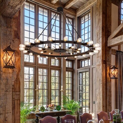 Wellmet 54inch Large Black&Gold Wagon Wheel Chandelier, 2-Tier 30-Light Farmhouse Chandelier Lighting Fixture for Living Room, Entryway, Hallway, Dining Room, Bar, Cafe in Saudi Arabia
