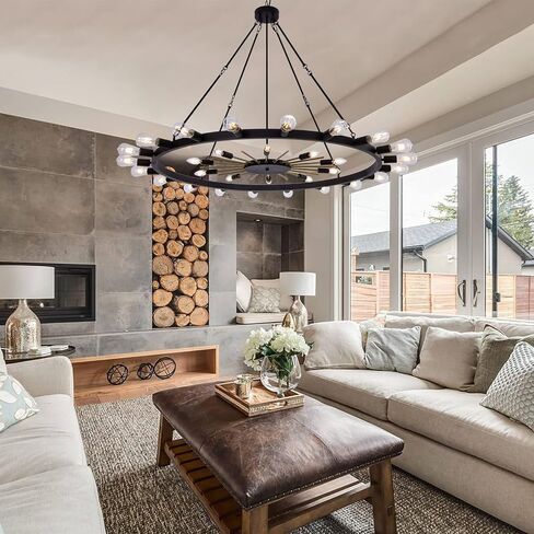 Wellmet 54inch Large Black&Gold Wagon Wheel Chandelier, 2-Tier 30-Light Farmhouse Chandelier Lighting Fixture for Living Room, Entryway, Hallway, Dining Room, Bar, Cafe in Saudi Arabia