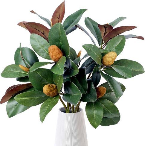 Pack of 4 - Faux Magnolia 32 Inch Long Artificial Magnolia Leaves Branches Fall Greenery 3D Plastic Printing Houseplant Plant for Indoor Outdoor Home Wedding Centerpiece Decor (Green - Pack of 4) in Saudi Arabia