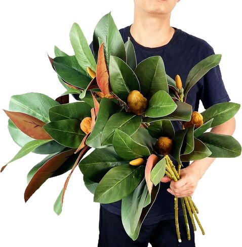Pack of 4 - Faux Magnolia 32 Inch Long Artificial Magnolia Leaves Branches Fall Greenery 3D Plastic Printing Houseplant Plant for Indoor Outdoor Home Wedding Centerpiece Decor (Green - Pack of 4) in Saudi Arabia