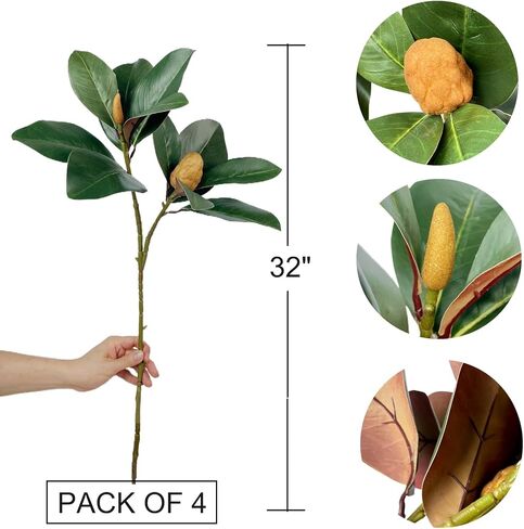 Pack of 4 - Faux Magnolia 32 Inch Long Artificial Magnolia Leaves Branches Fall Greenery 3D Plastic Printing Houseplant Plant for Indoor Outdoor Home Wedding Centerpiece Decor (Green - Pack of 4) in Saudi Arabia