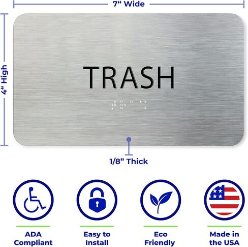 ADA Trash Sign for Business - Office Signs, Aluminum Brushed Silver, Tamper-Proof, Heavy Duty Mounting Tape, Easy Install, Office Décor, ADA Compliant, Grade 2 Braille (7" W x 4" H) ADASigns.org in Saudi Arabia