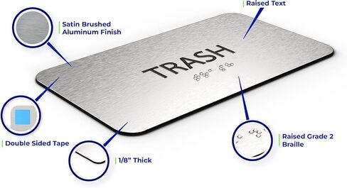 ADA Trash Sign for Business - Office Signs, Aluminum Brushed Silver, Tamper-Proof, Heavy Duty Mounting Tape, Easy Install, Office Décor, ADA Compliant, Grade 2 Braille (7" W x 4" H) ADASigns.org in Saudi Arabia