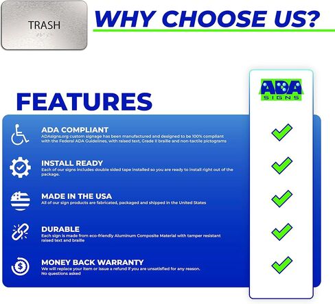 ADA Trash Sign for Business - Office Signs, Aluminum Brushed Silver, Tamper-Proof, Heavy Duty Mounting Tape, Easy Install, Office Décor, ADA Compliant, Grade 2 Braille (7" W x 4" H) ADASigns.org in Saudi Arabia