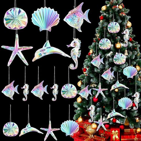 Geetery 15 Pcs Crystal Christmas Tree Ornaments Acrylic Clear Hanging Crystals for Christmas Decor Hand Blown Art Ornaments with Ropes for Christmas Xmas Party Decorations(Ocean Style) in Saudi Arabia