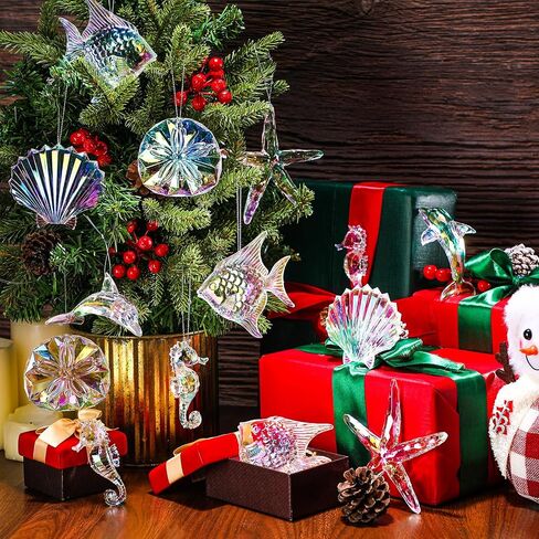 Geetery 15 Pcs Crystal Christmas Tree Ornaments Acrylic Clear Hanging Crystals for Christmas Decor Hand Blown Art Ornaments with Ropes for Christmas Xmas Party Decorations(Ocean Style) in Saudi Arabia