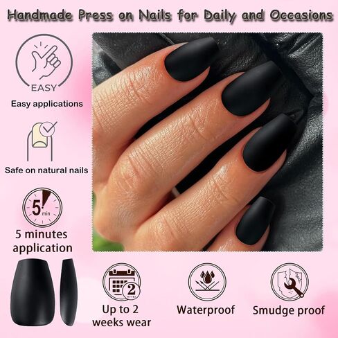 LuckForever 360pc Coffin Press on Nails Medium Fake Nails with Glue Tabs, Medium Press on Nails Coffin Stick Nails Black Acrylic Nails Press ons False Nails Women Short Ballerina Artificial Nails in Saudi Arabia