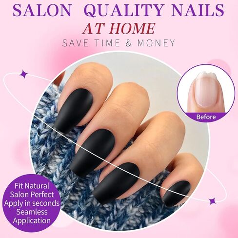 LuckForever 360pc Coffin Press on Nails Medium Fake Nails with Glue Tabs, Medium Press on Nails Coffin Stick Nails Black Acrylic Nails Press ons False Nails Women Short Ballerina Artificial Nails in Saudi Arabia