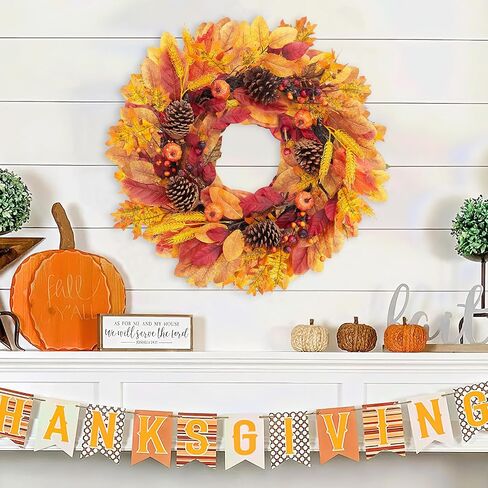 Fall Front Door Wreath, 24" Artificial Wreath with Pumpkins, Maple Leaves, Berries, Wheat, Fall Orange Wreath for Front Door Wall Window and Thanksgiving Decor in Saudi Arabia