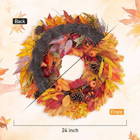 Fall Front Door Wreath, 24" Artificial Wreath with Pumpkins, Maple Leaves, Berries, Wheat, Fall Orange Wreath for Front Door Wall Window and Thanksgiving Decor in Saudi Arabia