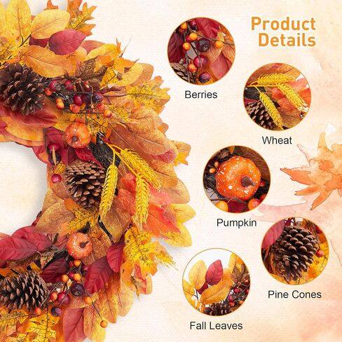 Fall Front Door Wreath, 24" Artificial Wreath with Pumpkins, Maple Leaves, Berries, Wheat, Fall Orange Wreath for Front Door Wall Window and Thanksgiving Decor in Saudi Arabia