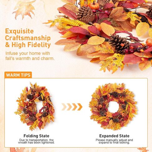 Fall Front Door Wreath, 24" Artificial Wreath with Pumpkins, Maple Leaves, Berries, Wheat, Fall Orange Wreath for Front Door Wall Window and Thanksgiving Decor in Saudi Arabia
