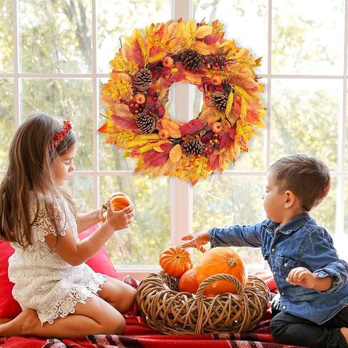 Fall Front Door Wreath, 24" Artificial Wreath with Pumpkins, Maple Leaves, Berries, Wheat, Fall Orange Wreath for Front Door Wall Window and Thanksgiving Decor in Saudi Arabia
