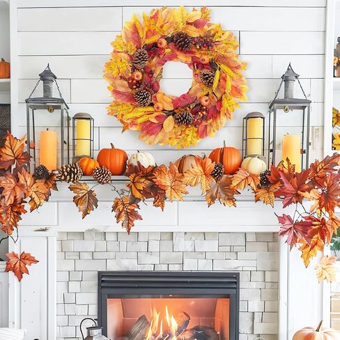 Fall Front Door Wreath, 24" Artificial Wreath with Pumpkins, Maple Leaves, Berries, Wheat, Fall Orange Wreath for Front Door Wall Window and Thanksgiving Decor in Saudi Arabia