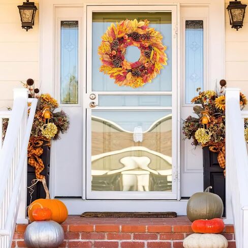 Fall Front Door Wreath, 24" Artificial Wreath with Pumpkins, Maple Leaves, Berries, Wheat, Fall Orange Wreath for Front Door Wall Window and Thanksgiving Decor in Saudi Arabia