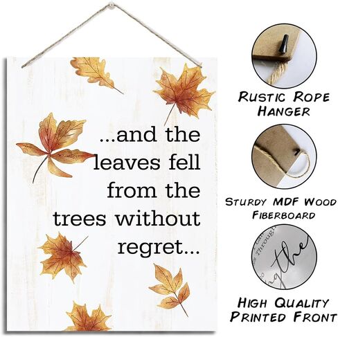 Autumn Decor Sign, Decorative Hanging Wood Plaque for Wall, Leaves Wall Decor, Vintage Home Decor, Shop Decor, Inspirational Fall Decor, The Leaves Fell from the Trees without Regret Sign in Saudi Arabia