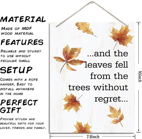 Autumn Decor Sign, Decorative Hanging Wood Plaque for Wall, Leaves Wall Decor, Vintage Home Decor, Shop Decor, Inspirational Fall Decor, The Leaves Fell from the Trees without Regret Sign in Saudi Arabia