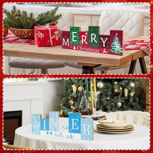 Christmas Table Decorations Wooden Winter Table Centerpieces Merry Christmas Reversible Double-sided Pattern Table Sign Standing Tabletop Merry Christmas for Holiday Office Desk Party Shelf Farmhouse in Saudi Arabia