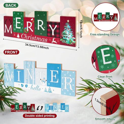Christmas Table Decorations Wooden Winter Table Centerpieces Merry Christmas Reversible Double-sided Pattern Table Sign Standing Tabletop Merry Christmas for Holiday Office Desk Party Shelf Farmhouse in Saudi Arabia