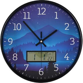 Maxstar Modern Wall Clock 12inch with Digital Day Week Temperature Display with Moose Pattern Non-Ticking Battery Operated Calendar and Date for Kitchen Farmhouse Bathroom Office