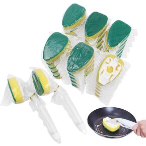 عصا الأطباق تعيد ملء رؤوس الإسفنج مغلفة بشكل فردي، رأس بديل لإسفنجة غسيل الأطباق الثقيلة، مناديل تنظيف مناديل تنظيف، 15 عبوة مع مقبض 2 قطعة لتنظيف المطبخ in Kuwait