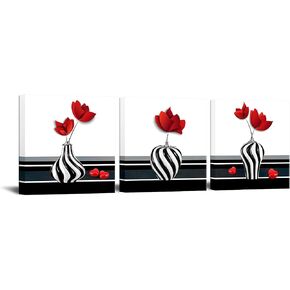 Canvbay 3 Pieces Abstract Red Flower Canvas Wall Art Still Life Canvas Painting Prints Flower on Black and White Vases Picture for Bathroom Hallway Decor Stretched 12x12inchx3pcs in Saudi Arabia