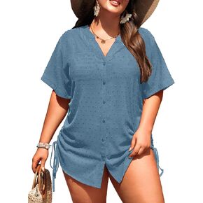 Plus Size Swimsuit Cover Up - Beach Bathing Suit Coverup Button Down Dot Shirt