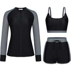 Kate Kasin Women's 3 Piece Rash Guard Long Sleeve Swim Shirts UPF 50+ Swimsuit Zipper Color Block Bathing Suits with Boyshort