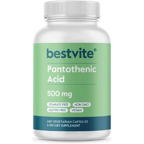 BESTVITE Pantothenic Acid 500mg (Vitamin B5)(240 Vegetarian Capsules) - No Stearates - No Gelatin - No Calcium Silicate - Vegan - Non GMO - Gluten Free