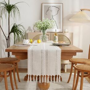 JIALE Table Runner, Rustic Farmhouse Table Runners with Tassels, Boho Cotton Linen Table Runner for Table Decorations, Holiday Party and Wedding, 72 Inches, Ivory