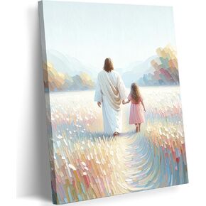 Canvas For Painting With Framed Jesus Religious Wall Art Jesus With Children Religion Faith Painting Pictures Decor Girl Walking with Jesus Christian Posters Prints for Church Kids Girls Room Decorate