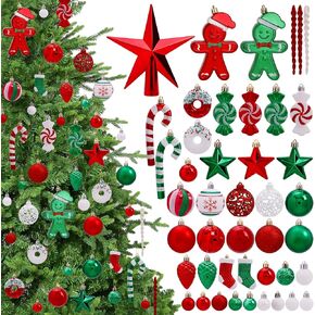125 Pcs Christmas Tree Ornaments Set, Red Green White Christmas Ornaments Shatterproof Christmas Decorations with Star Toppers Assorted Decorative Hanging Balls for Xmas Tree Home Holiday Party