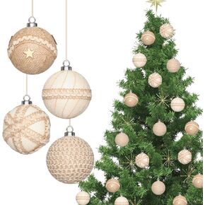 SY Super Bang 12PCS Christmas Ornaments Set, 3.14"/80MM Linen Boho Shatterproof Christmas Tree Hanging Ball Decorations, for Home Party Indoor Farmhouse Holiday Xmas Decor