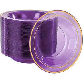 Nervure 50 Pack Plastic Bowls with Silver Rim - 12oz Disposable Soup Bowls - Heavy Duty Dessert Bowls, Salad Bowls & Ice Cream Bowls for Weddings, Parties, Dinners, Catering, and Everyday Use