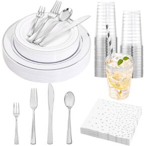 Ciaell 250PCS White and Rose Gold Plastic Plates - Rose Gold Disposable Plastic Plates Sets include 50Plates, 25Knives, 25Forks, 25Spoons, 25Mini Fork, 25 Cups, 25Paper Straws, 50Napkins for Party