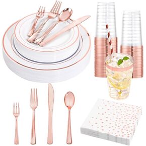Ciaell 250PCS White and Rose Gold Plastic Plates - Rose Gold Disposable Plastic Plates Sets include 50Plates, 25Knives, 25Forks, 25Spoons, 25Mini Fork, 25 Cups, 25Paper Straws, 50Napkins for Party