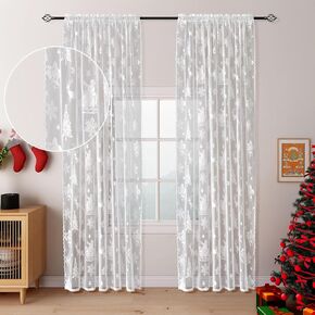 Jayla Christmas Decorations White Sheer Lace Curtains for Bedroom Voile Trees Snowflakes Embroidery with Scalloped Edges Knitted Lace Curtains for Living Room Rod Pocket 2 Panels 52 W x 84 L