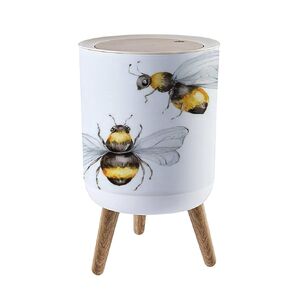 Small Trash Can with Lid for Bathroom Kitchen Office Diaper Two Bees Watercolor Hand Draw White Isolated Bedroom Garbage Trash Bin Dog Proof Waste Basket Cute Decorative