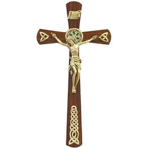 Walnut Wood Crucifix with Gold Tone Celtic Plaque Adornments and Stones, 12 Inch
