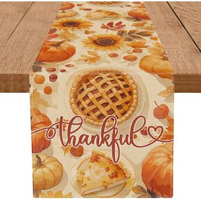 Thanksgiving Table Runner Pizza Food Pumpkins Sunflower Leaves Fall Table Decorations Seasonal Home Kitchen Dining Party Decor 13x72 Inch