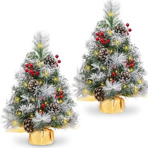 2 Pack 24 Inch /2FT Tabletop Christmas Tree, Snowy Artificial Small Christmas Trees Timer 30 Warm White Lights Battery Operated Pine Cones Red Berried, Mini Christmas Trees for Xmas Indoor Home Decor