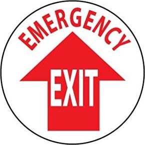 NMC WFS25 EMERGENCY EXIT Walk on Floor Warning Sign with Arrow Graphic -17 in. Diameter Pressure Sensitive Vinyl Sign with Red on White
