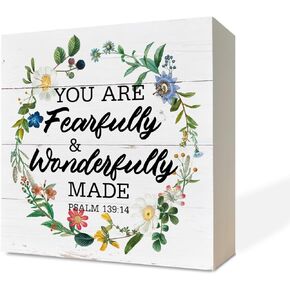 Christian Wood Signs, Bible Verse Psalm 139:14 - You are Fearfully & Wonderfully Made, Box Sign Decor Tabletop, Inspirational Wood Plaque, Wood Table Signs, Country Style Home Decor, Christian Gift