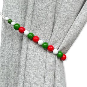 Curtain Tiebacks Colorful Wood Round Bead Cute Childish Holdbacks for Drapes, Tie Backs for Sheer/Blackout Curtains, Red Green Boho Decor for Christmas Decor, Pack-2